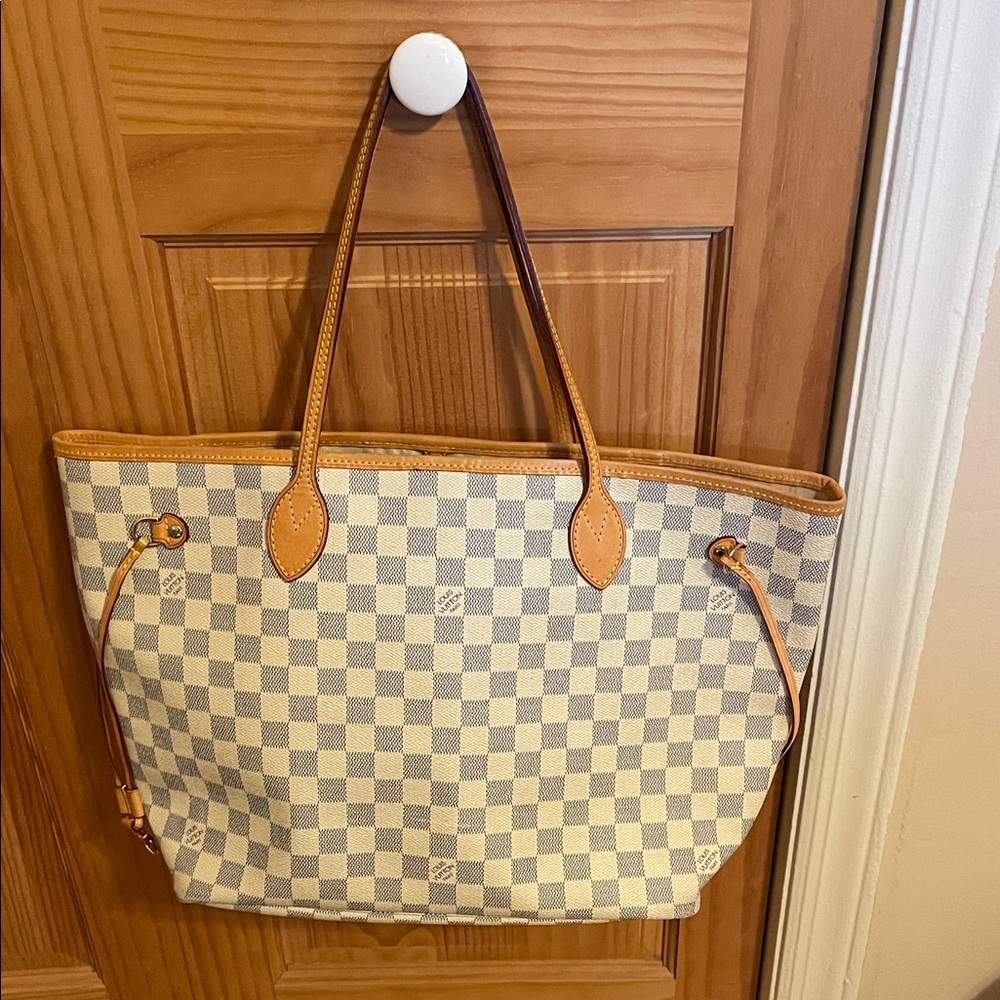 LV Neverfull Checkered Tote Bag - Damier Azure